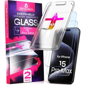 Defenslim Screen Protector for iPhone 15 Pro Max (2Pack), Easy Auto-Align Install Kit, 6.7" Tempered Glass, 9H Hardness, Ultra HD Clear, Case Friendly, EasyShield