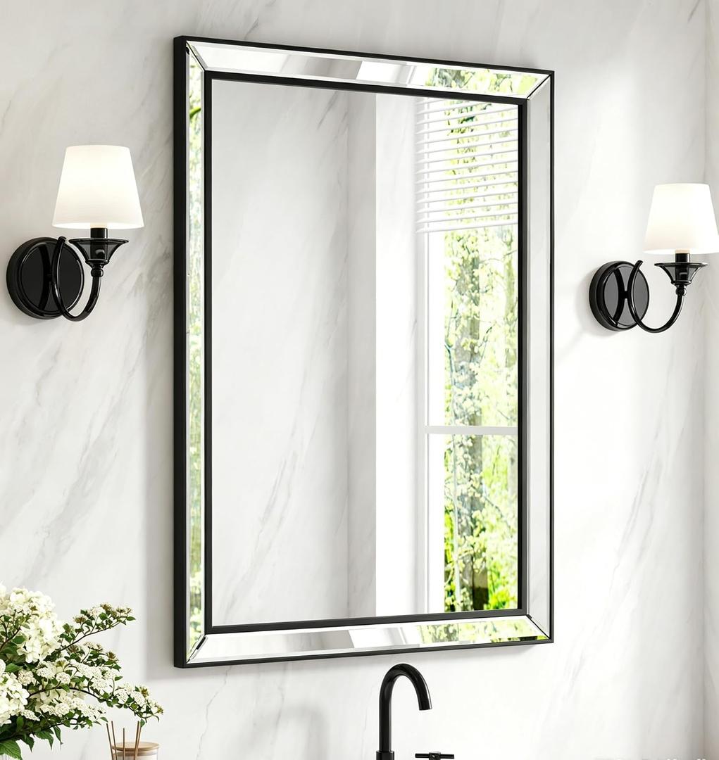 30X22 Inch Black Bathroom Mirror with Double Layer Beveled Edge, Framed Rectangular Vanity Wall Bathroom Mirrors for Over Sink, Bedroom, Living Room, and Hotel, Anti-Corrosion & Easy to Install
