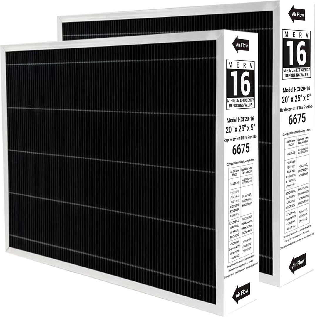 X6675 Merv 16 20x25x5 Furnace Air Filter Compatible with Lennox X6675 and Lennox HCC20-28 HVAC System, Part Number HCF20-16, 2 Pack