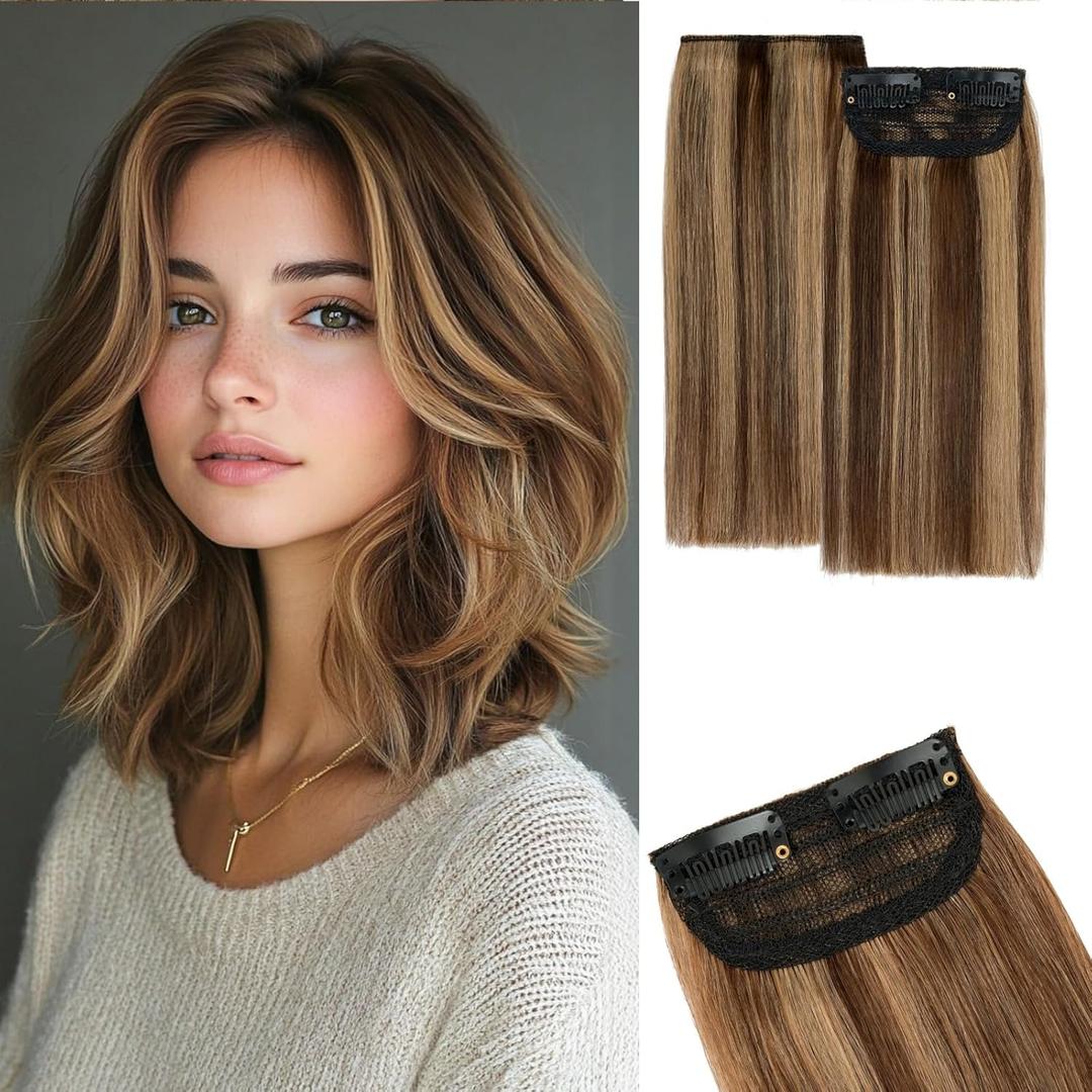 Clip in Short Hair Extensions Real Human Hair,Prokyvity Invisible Human Hair Clip in Extensions Short,8inch/2 pieces Mini Extensions for volume or highlight, Medium Brown Mixed Dark Blonde