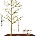 MORE&LESS Branch Jewelry Rack with deer, for Ring Earrings Necklace Bracelet,Suitable for living rooms, bathrooms,offices,etc. (C Tree&Deer Wood Tray)