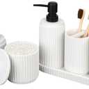 White Bathroom Accessory Set - 6 Pcs: Toothbrush Holder, Lotion & Foaming Soap Dispensers, Qtip Holder, Vanity Tray, Bathroom Tumbler, Countertop Organizer