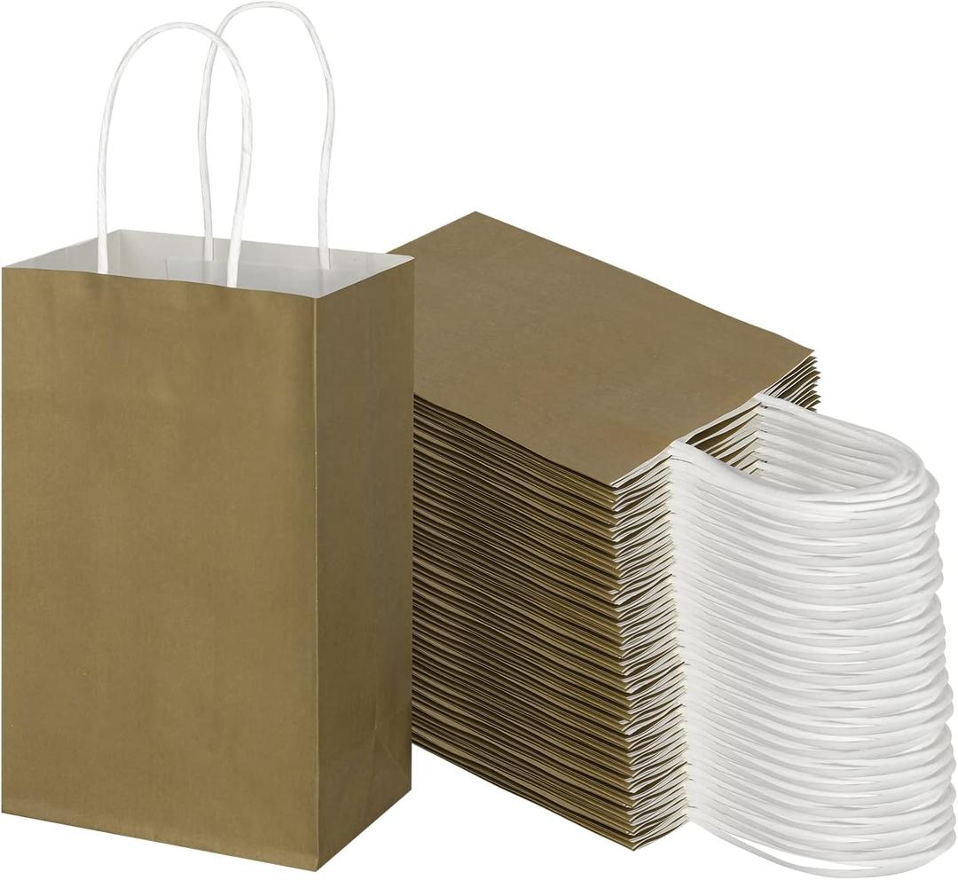Toovip 100 Pack 5.25x3.25x8.25 Inch Small Gold Kraft Paper Bags with Handles Bulk, Gift Wrap Bags for Favor Grocery Retail Party Birthday Shopping Business Goody Craft Merchandise Take Out Cub Sacks