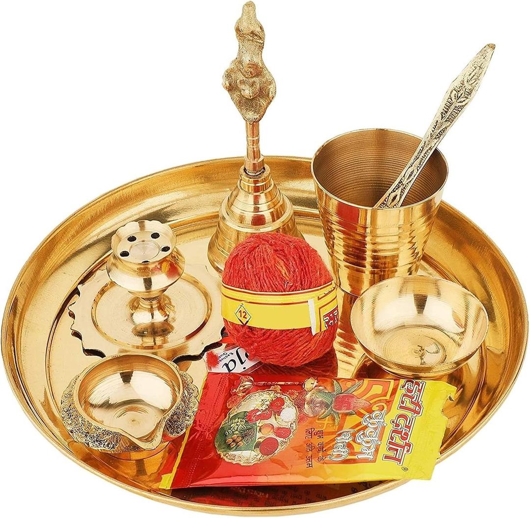 NOBILITY Brass Pooja thali 7 Inch with Kalash Kuber Diya and Other Accessories Ganesh Lakshmi Design Subh Labh Daily Puja Thali Set for Festival Home Office Mandir Diwali Gift Items