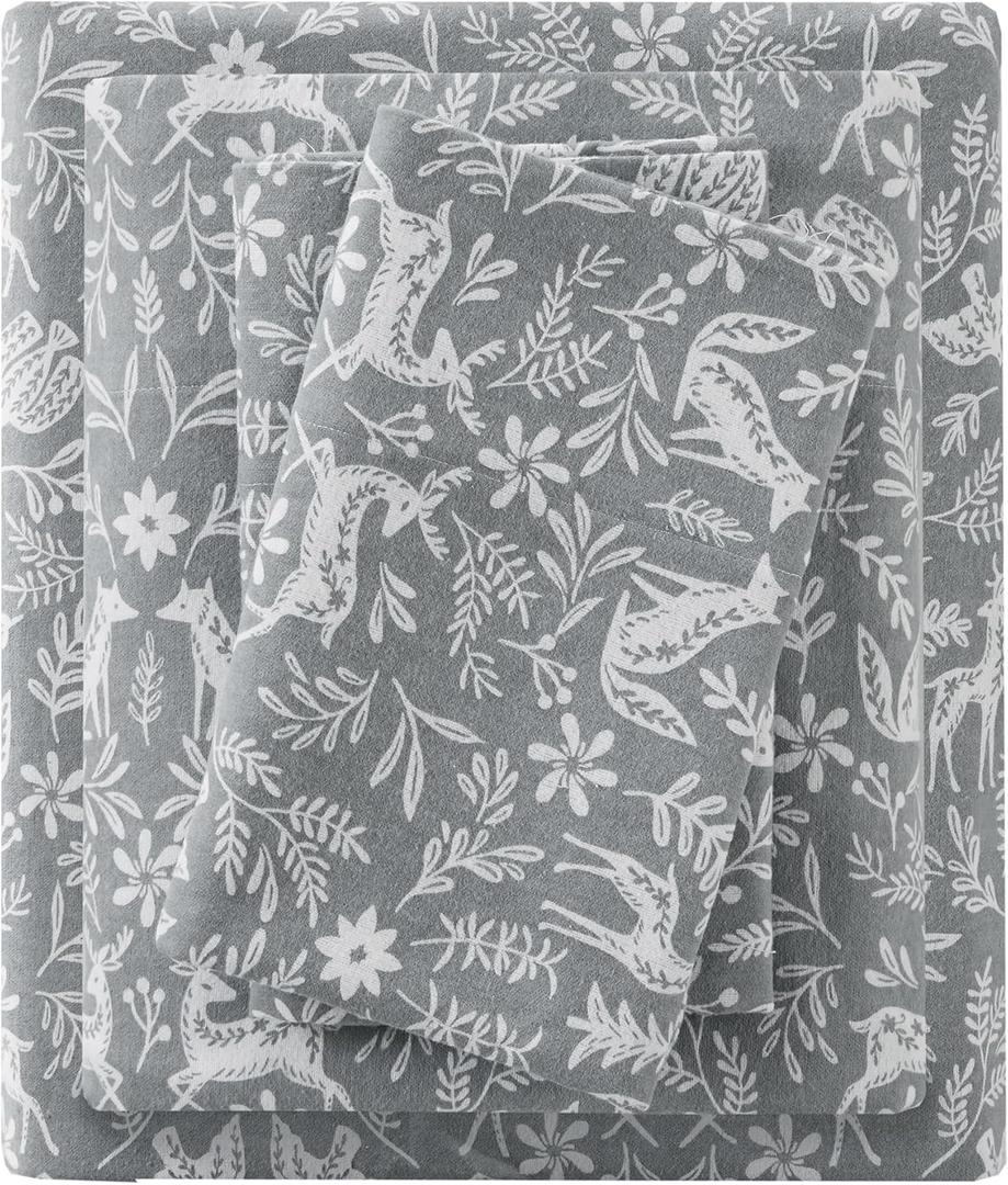 True North by Sleep Philosophy Flannel Sheets Queen Size, Cozy 100% Cotton Flannel Bed Sheets, Ultra Soft Cute Sheet Set, Novelty Print Themed Cold Weather Warm Bedding Set, Sage Winter Fauna, 4 Piece