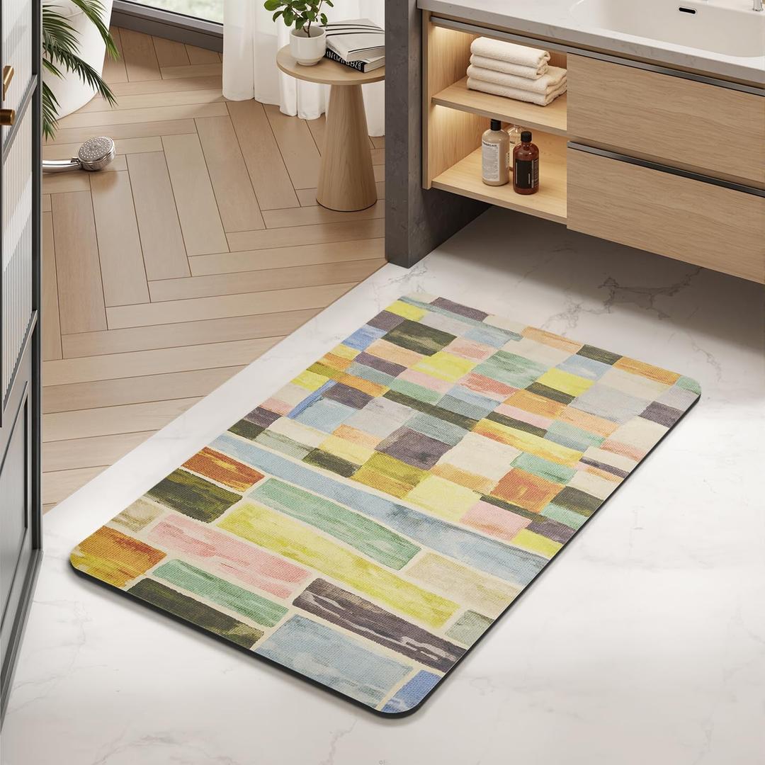 MontVoo -Bath Mat-Non Slip Thin Bathroom Rugs Fit Under Door- Quick Dry Absorbent Faux Suede Surface Grey Bathroom Floor Mats-Shower Rug for in Front of Bathtub Shower Colorful Plaid 16x24