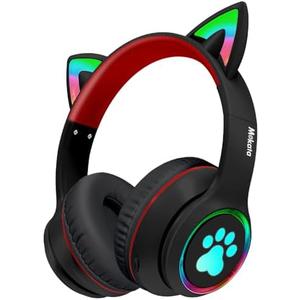 Mokata Headphones Cat Ear Wireless Bluetooth 5.3 60H Over Ear, 8H with Led Light Foldable Music Gaming Headset with Aux 3.5mm Mic for Game TV Pad Tablet Laptop Cellphone, Black