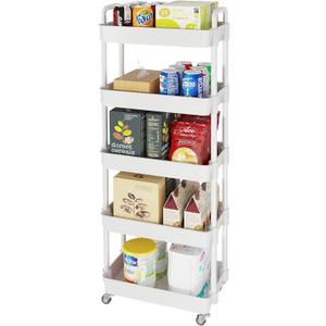Laiensia 5-Tier Rolling Cart with Wheels,Multifunction Utility Storage carts, Kitchen Storage Organizer,Mobile Shelving Unit for Bathroom,Laundry,with Classified Stickers,White