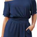 Fixmatti Womens Off The Shoulder Romper Short Sleeve Smocked Waist Mini Jumpsuit with pockets (Large, Navy Blue)