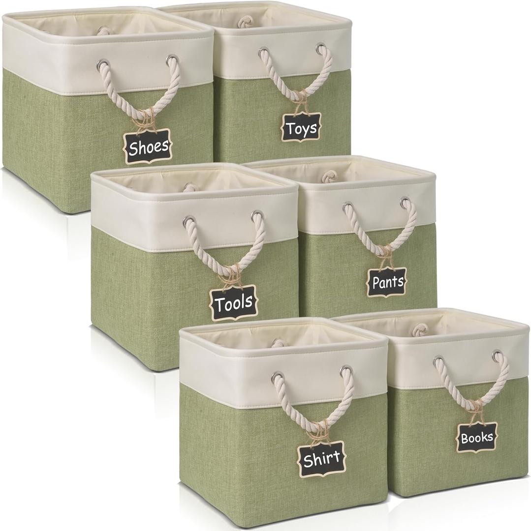 13 x 13 storage cubes[6 Pack],Cube Storage Organizer Bins with Rope Handles, Eco-Friendly Linen Collapsible Organizers for Closet, Nursery, Toys, Office, Bathroom  Dual Color Design.(White&Green)