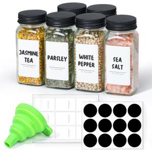 ComSaf 6Pcs 4oz Glass Spice Jars with Shaker Lids, 21 Labels, Spice Jars Trial Set & Supplement Set, Empty Spice Containers and Square Spice Bottles for Kitchen and Seasoning (4ozx6)
