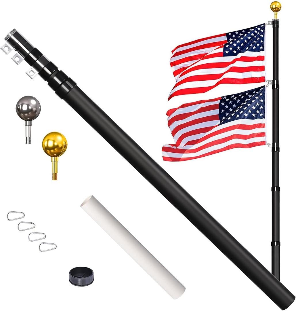 Flag Pole for Outside House, 14 Gauge 30ft Telescopic Flag Pole Kit, Telescoping Flag Poles with 3x5 American Flag, Outdoor Old Glory Flagpole Kits for Yard (Black)