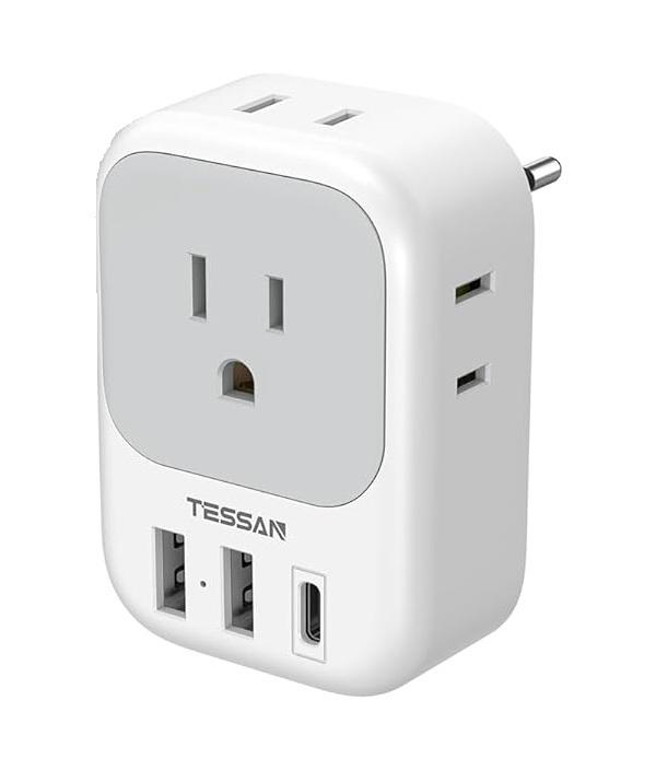 TESSAN European Travel Plug Adapter USB C 1 Pack, US to Europe Plug Adaptor with 4 AC Outlets 3 USB Charging Ports, Type C Power Adapter for USA to EU Euro Spain France Iceland Italy Germany Greece