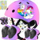 Toddler Kids Bike Helmet Set for Boys Girls Color Gradient Adjustable Skateboard Helmet Protective Gear Set Knee Elbow Wrist Pads for Bike, Roller, Scooter, Cycling, Balance and More Sports (Medium: 21.7"-22.8", Pink-Purple-Pink)