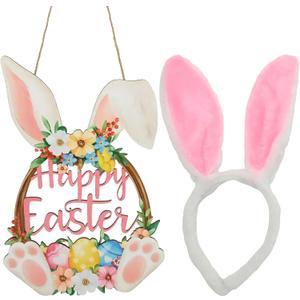 2 x Easter Bunny Door Decoration, Outside Decoration for Yard, Wooden Rabbit Spring Decorations, Floral Bunny Egg Welcome Hanging for Home Decor Party Indoor Outdoor Yard Happy Easter