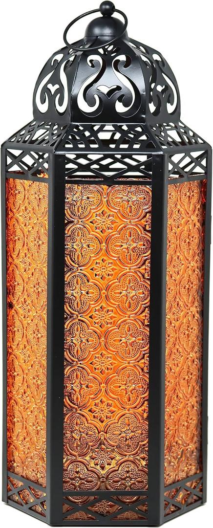 VELA LANTERNS 16" Extra Large Large Black Metal Decorative Floor Moroccan Lantern Candle Holder Lamp for Halloween - Indoor/Outdoor, Home Decor, Patio, Weddings, Ramadan Decor, Amber