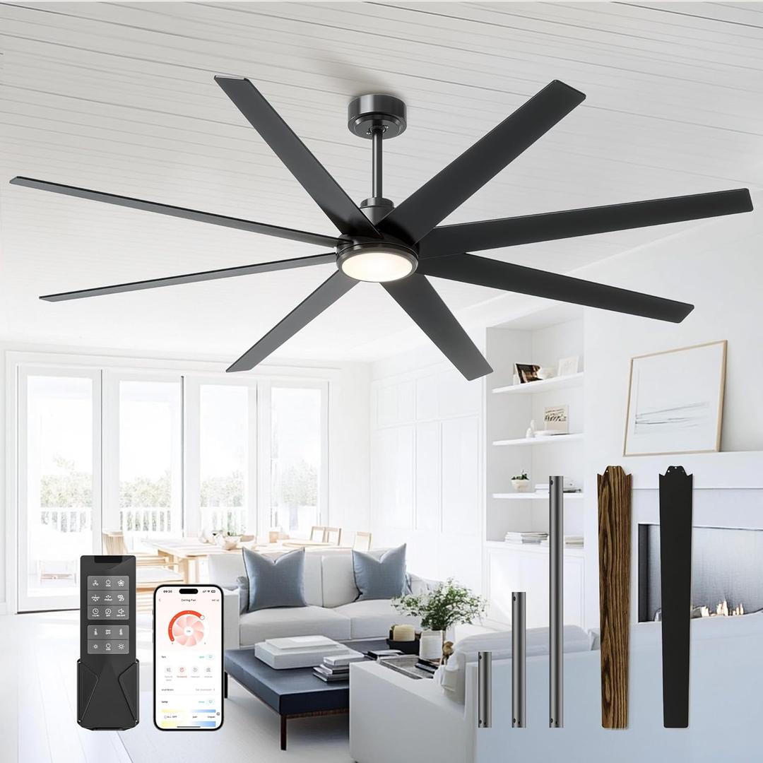 CubiCubi Ceiling Fans with Lights, 72 Inch Industrial/Modern Ceiling Fan with Light and Remote/APP Control, Kitchen Living Room Indoor Use, 35W, 3CCT, Stepless Dimmable, Quiet, Reversible, Black