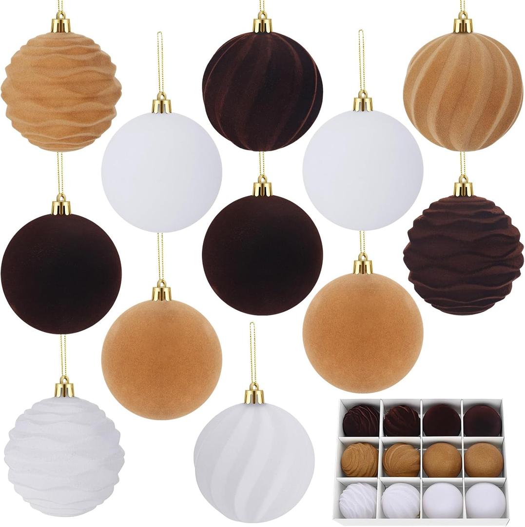 12Pcs 3.15Inch Brown Velvet Christmas Tree Ornaments Multicolor Flocked Shatterproof Christmas Balls for Xmas Trees Hanging Decorations (White, Khaki, Brown)