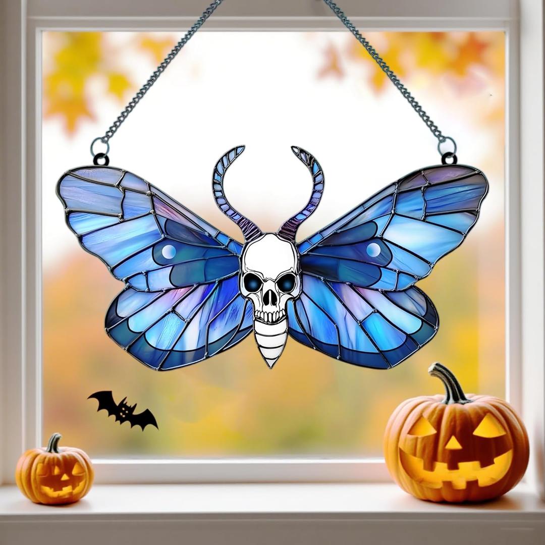 Vintage Halloween Decorations Wall Decor for Home Livingroom Bedroom, Skull and Butterfly Stained Window Hanging Ornament (Butterfly)