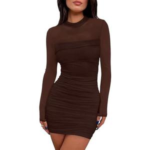 WIHOLL Women's Mesh Sheer Long Sleeve Ruched Mini Dress Sexy Bodycon Mock Neck Cocktail Party Club Dresses 2025. Size Medium