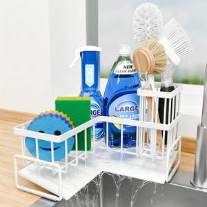 Fikoksol Large Sponge Holder for Kitchen Sink, 90-Degree Sink Caddy Organizer with Dish Brush Holder for Countertop Corner Storage Rack, White Metal L Kitchen Sink Sponge Soap Organizer Storage Ideas
