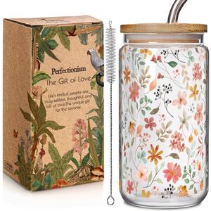 Floral Iced Glass Cups with Bamboo Lids and Straws 16oz Wildflower Coffee Cup Gift for Women Cute Flower Drinking Glass with Cleaning Brushes, Flower Gifts for Mother 's Day Birthday Bridesmaid Party