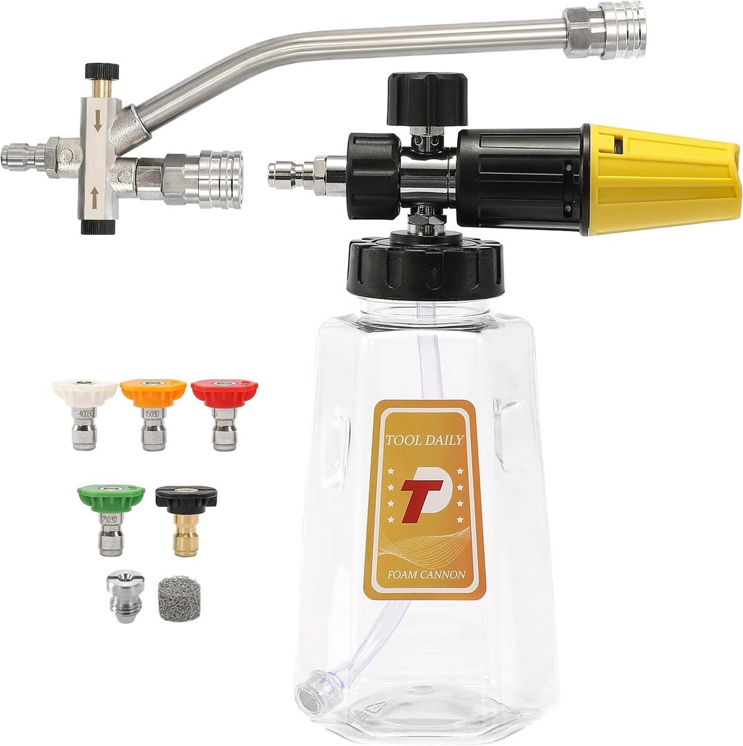 Tool Daily Pressure Washer Foam Cannon with Dual-Connector Accessory, Power Washer Double Tip Attachment for Soap Cannon, 5 Pressure Washer Sprayer Nozzles, 1/4" Quick Connect