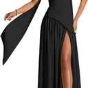 Women's Elegant Strapless High Slit Tube Dress Flowy Evening Wedding Guest Maxi Dresses with Scarf (Black, S)