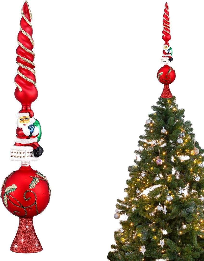Sosation Glass Santa Claus Design Treetop 3 Tier Retro Glass Finial Tree Topper Vintage Spherical Christmas Tree Toppers Ornaments with Carved Pattern Unique Xmas Treetopper for Home Decoration, 13''