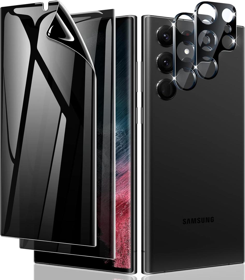 LYWHL [2+2 Pack] for Samsung Galaxy S22 Ultra Privacy Screen Protector, [Compatible Fingerprint] Anti-Spy Full Adhesive Flexible Film + Camera Lens Glass Protector for Galaxy S22 Ultra 6.8 (Black)