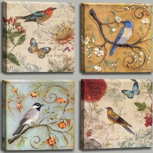 Flowers Birds Canvas Wall Art for Bedroom Floral Wall Decor Butterfly Picture Framed Artwork Vintage Prints Paintings for Bathroom Kitchen Decorations (12x12inches*4pcs)