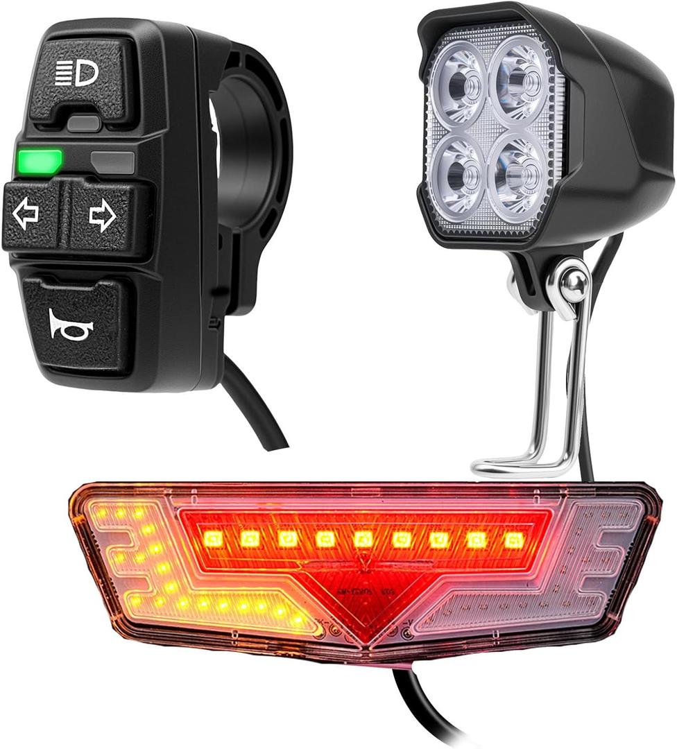 Ebike Light Kit, 24V 36V 48V Electric Bicycle Headlight & Taillight with Turn Signals, Super Bright Front Lamp 400 Lumens, Rear Light fits 80mm Rack