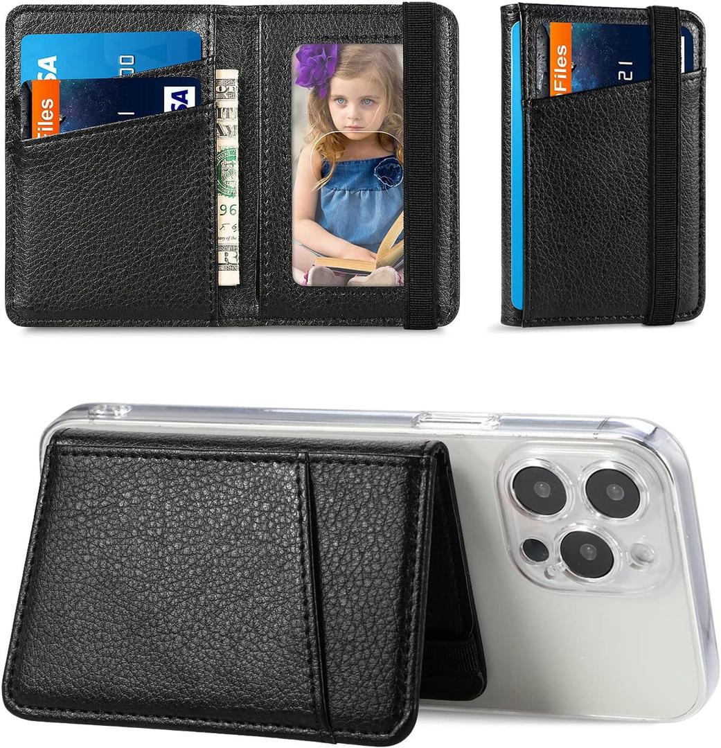 Wallet Stick on Phone Case, Credit Card Holder for Back of Phone Cases Flip Leather Wallet Sleeve Pouch Compatible with iPhone, Samsung Galaxy Android Most Smartphones Black