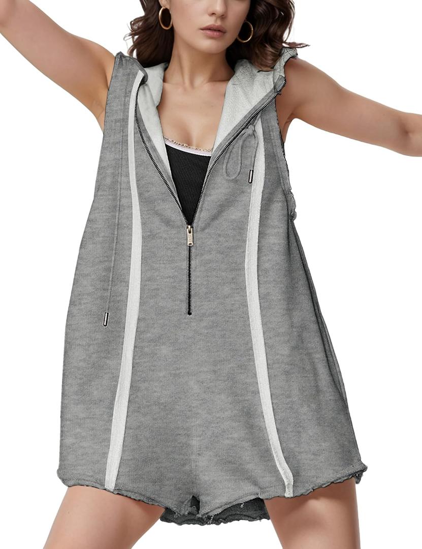 Rompers for Women Athletic Workout Hooded Romper Casual Zip-front Neck Jumpsuits Overalls with Pockets (Gray, M)
