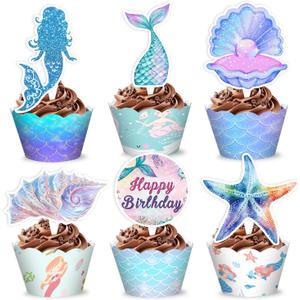48PCS Mermaid Themed Birthday Party Decorations | 24PCS Cupcake Toppers & 24PCS Cupcake Wrappers Party Favors Supplies Tail Under The Sea Centerpiece Table Gifts for Boys Girls Carnival Prizes