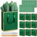 Yeaqee 10 Pack Metallic Paper Gift Bags with Handles Tissue Paper Thank You 5 Senses Gift Bag for Birthday Wedding Baby Shower Groomsmen Bridal Anniversary Favor 9 x 7 x 3.15''(Green, Gold)