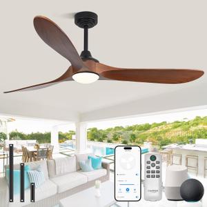 72 inch Outdoor Ceiling Fans with Lights,Smart Wood Large Ceiling Fan for Alexa,Google & APP Control,Indoor/Outdoor,3 Blades,3CCT Dimmable,Red Walnut,Downrod Mount for Patio Porch
