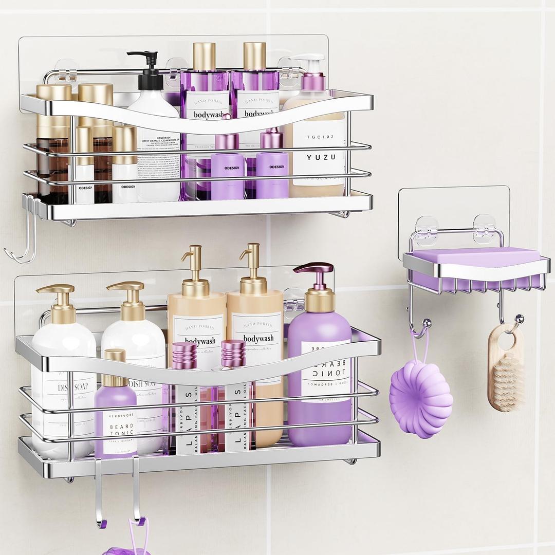 ODesign Shower Caddy 3 Pack-Shower Organizer Shelves Rack Rustproof SUS304 Stainless Steel for Bathroom Storage&Kitchen-No Drilling Adhesive Shower Caddy Shelf Dorm Room Essentials-Silver