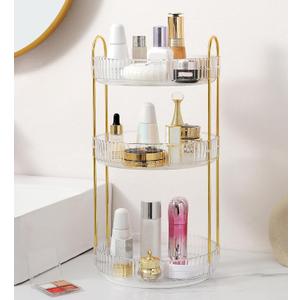 Aveniee Crystal Three-Layer 360 Rotating Cosmetic Stand, Premium Solid Metal Pole Sturdy Construction, Translucent Revolving Beauty Storage Unit for Vanity, Sink or Bathroom Shelf, White