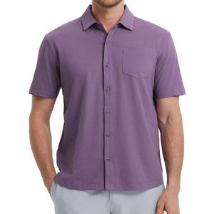 VEBOON Men's Short Sleeve Button Down Shirts Cotton Lightweight Stretch Moisture Wicking Dress Shirt with Pocket, L