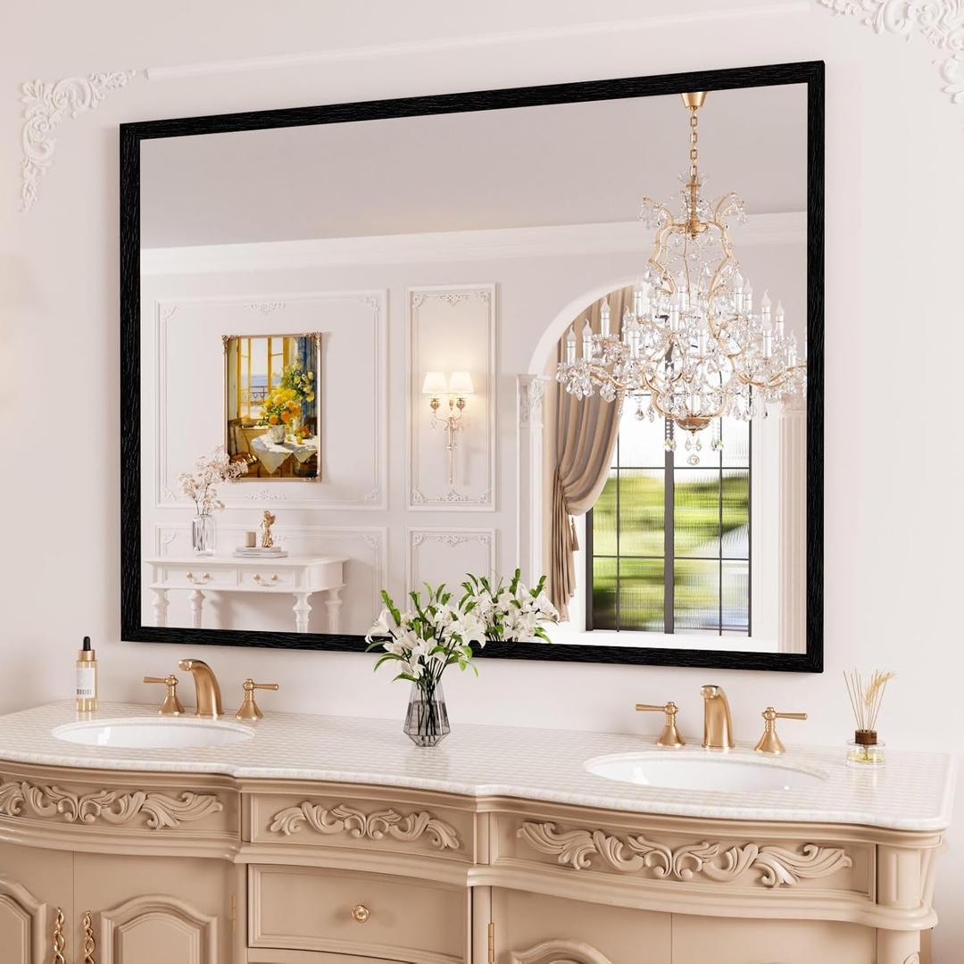WEER Black Framed Mirror for Bathroom, 40x30 Inch Framed Bathroom Mirror, Rectangular Wall Mounted Mirror, Matte Black Vanity Mirrors, Tempered Glass, Vertically or Horizontally, Anti-Rust (3040)