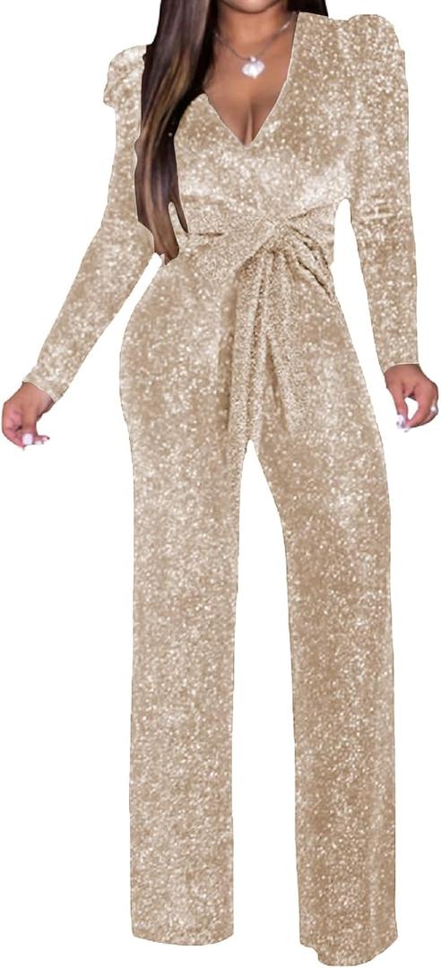 Women's Sparkly Jumpsuits Sexy Long Sleeve Cocktail Elegant Mock Neck Bodycon Straight Long Pants Rompers with Pockets (Beige, XXL)