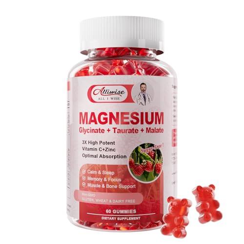Magnesium Glycinate Gummies, Magnesium Potassium Supplement with Taurate, Malate, Vitamins D, C, B6, Calcium, Body Support, Raspberry Magnesium Gummies for Adults & Kids EXP: 12/2026