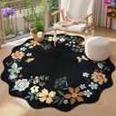 Lahome Floral Washable Round Rugs, Non-Slip Soft Round Rug 4ft Ultra-Thin, Small Boho Circle Carpet for Entryway Kitchen Bedroom Nursery Bathroom Flore, Black/Grey