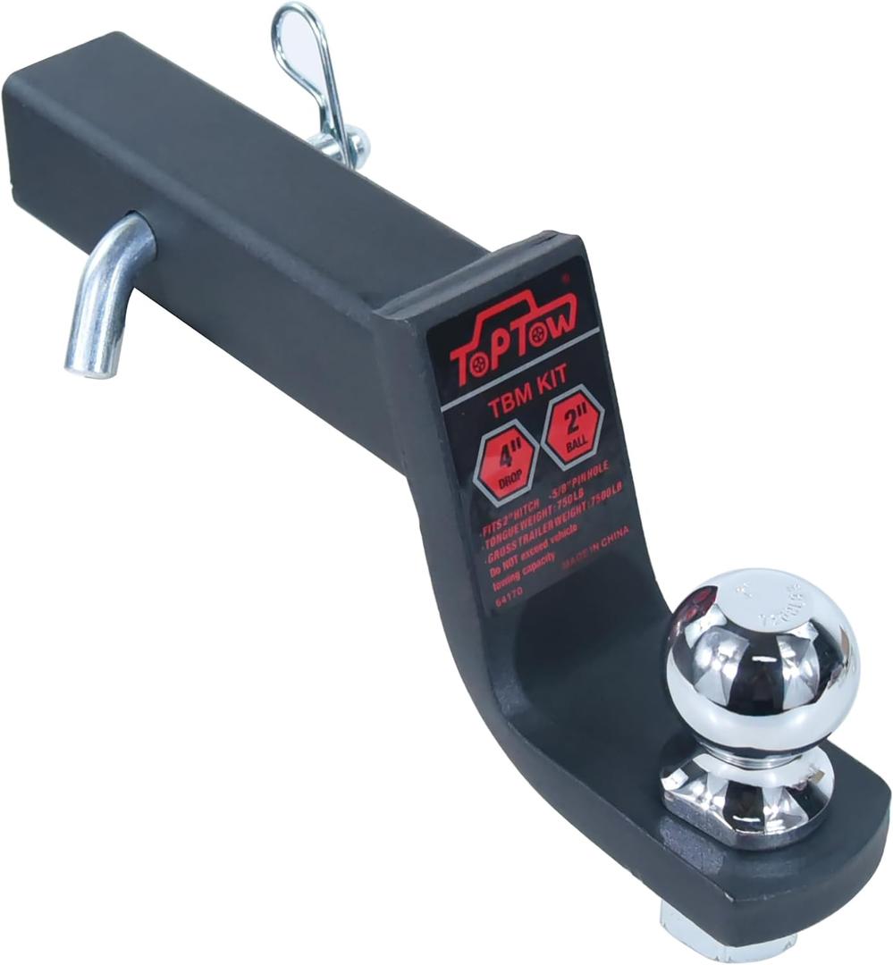 TOPTOW Trailer Hitch Ball Mount Kit with 2 inch Trailer Ball and 5/8 inch Hitch Pin, 4 inch Drop, Fits 2 inch Hitch Receiver, Matte Black