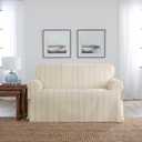 SureFit Heavyweight Cotton Duck T-Cushion Loveseat Slipcovers, Printed Heavyweight Cotton Loveseat Cover, One Piece Design, Loveseat Cover with Seat Elastic and Corner Ties, Natural with Blue Stripe