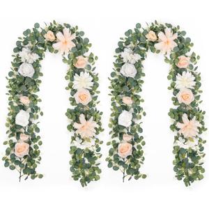 Waipfaru 2Pcs 6.07Ft Eucalyptus Greenery Garland with Flowers, Dusty Blue and White Rose Flower Vines for Wedding Table Runner Centerpieces Backdrop Room Decor (Champagne)