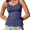 Summer Mae Tankini Swimsuits for Women Bathing Suits Top Ruched Two Piece Tummy Control Round Neck with V-Wire Swim Suits (Large, Blue-gray Bohemian)