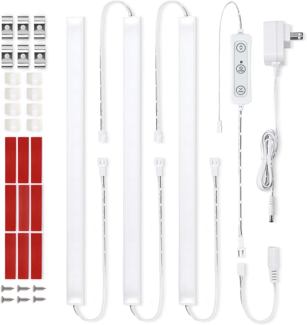 Litever Under Cabinet Lights Plug in, 3 pcs 12 Inches LED Light Strip Bars. Super Bright Dimmable Linkable for Kitchen Under Cabinets Shelf Work Space Desk Closet Lighting. Daylight 5000K