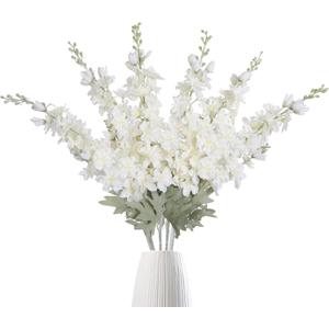 IPOPU 6 pcs Delphinium Artificial Flowers White Larkspur Artificial Flowers, 33.5 in Fake Flowers Bulk Silk Flowers with Stems Real Look for Home Garden Wedding Arrangement Decor(White)